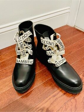 Zara Black Lace-Up Combat Boots with Branded Cream Ribbon Laces